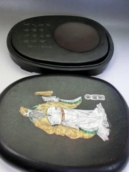 硯■曹國舅図端渓古硯 檀木箱付 萬戸管弦歌盛世 老坑 螺鈿象嵌八仙曹国舅 骨董■