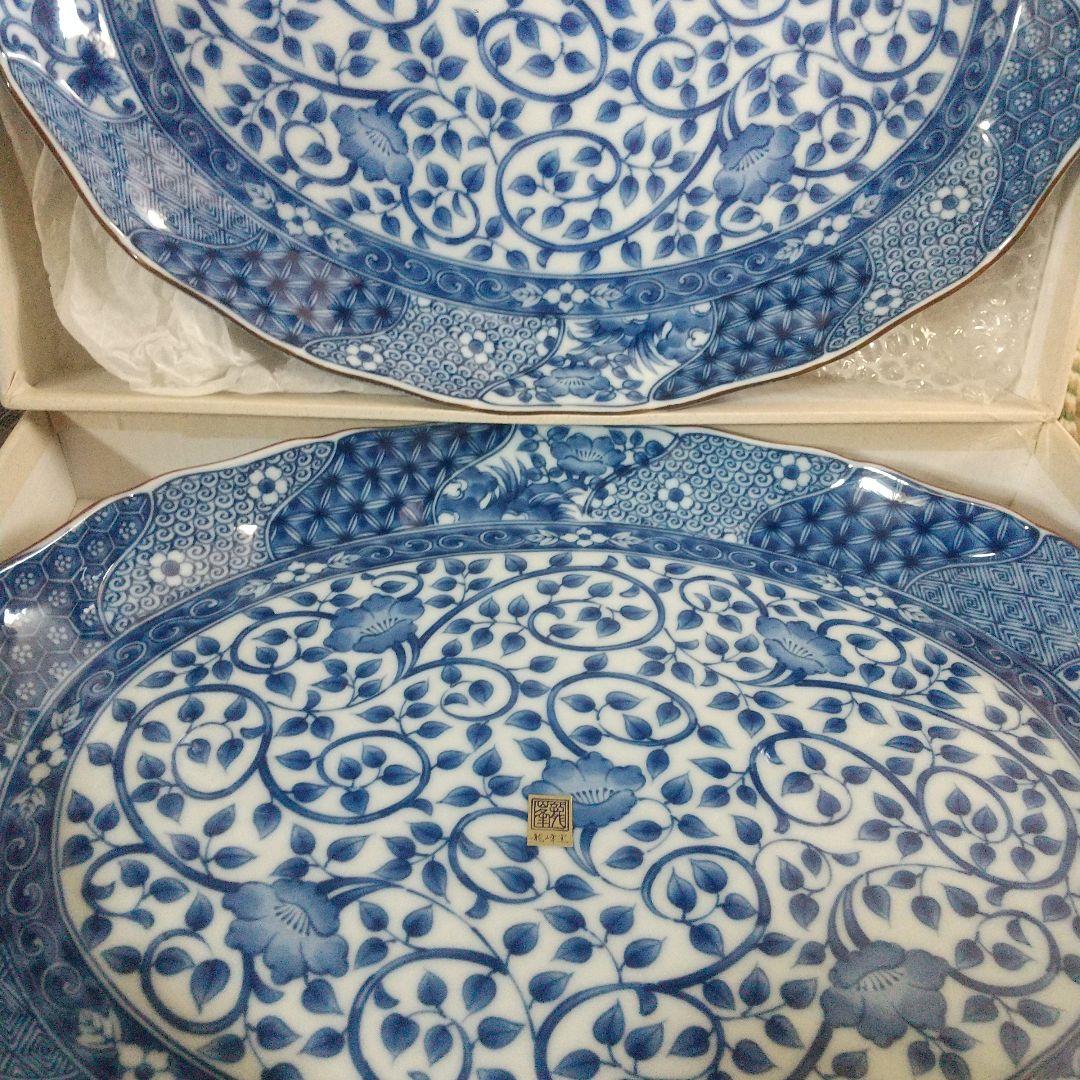 美濃焼・龍峯☆楕円大皿2枚セット　ねじり祥瑞　オードブル皿染付