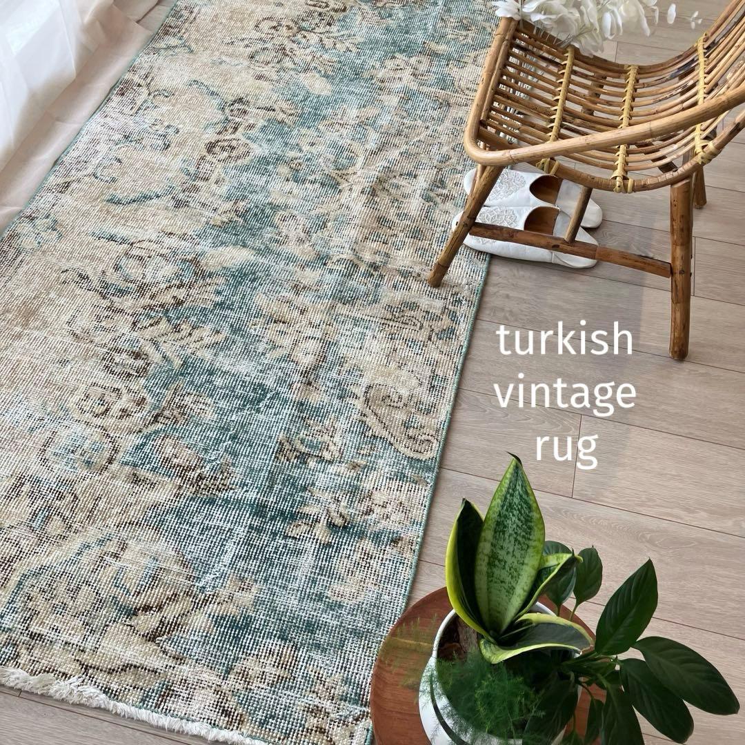 スカイブルー82×185シャビー　エメラルド　ランナー　トルコヴィンテージラグ