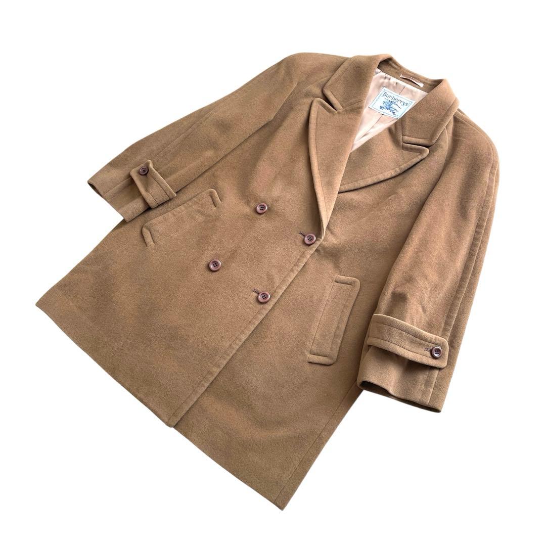 好配色 美品90s Burberry カシミヤ混 ハーフコート ダブル キャメル