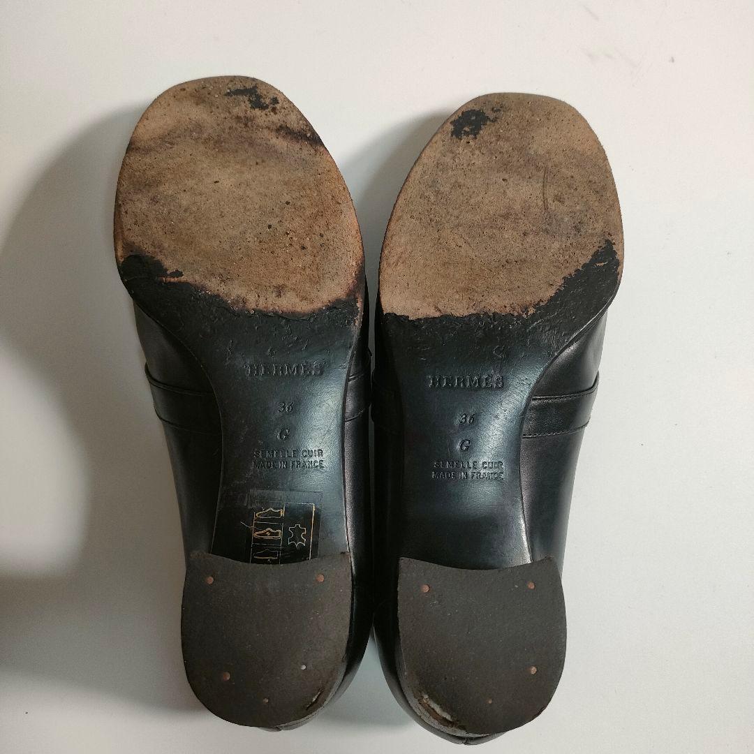 エルメス ローファー 36 レディース レザー 黒 金具 ヒール