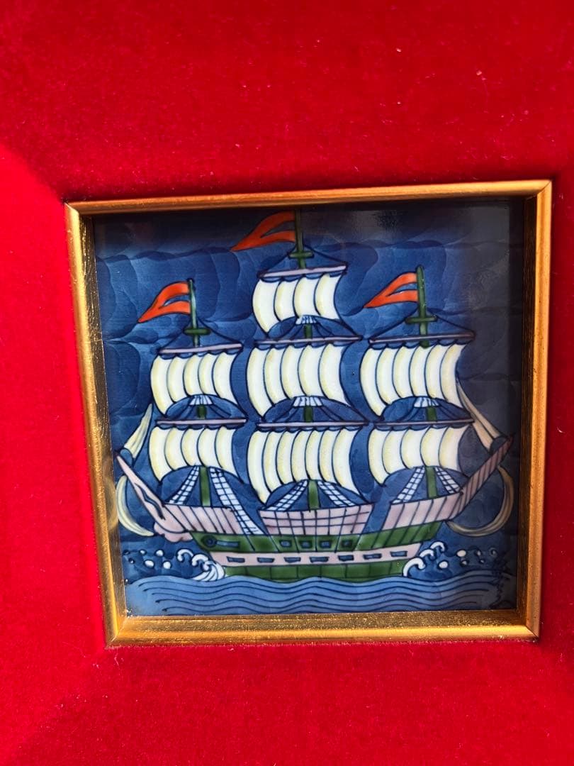 1343  源右衛門 染付 陶板画 額装 帆船 額縁  置物　工芸品