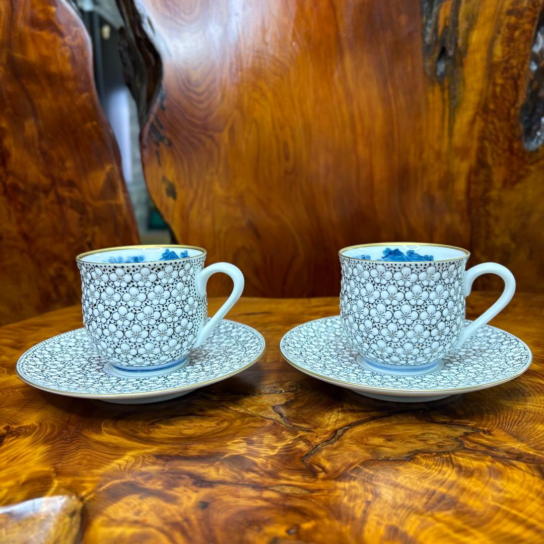 伊万里焼 畑萬陶苑 極細梅詰 コーヒーカップ&ソーサー　ペア　内絵　染付山水