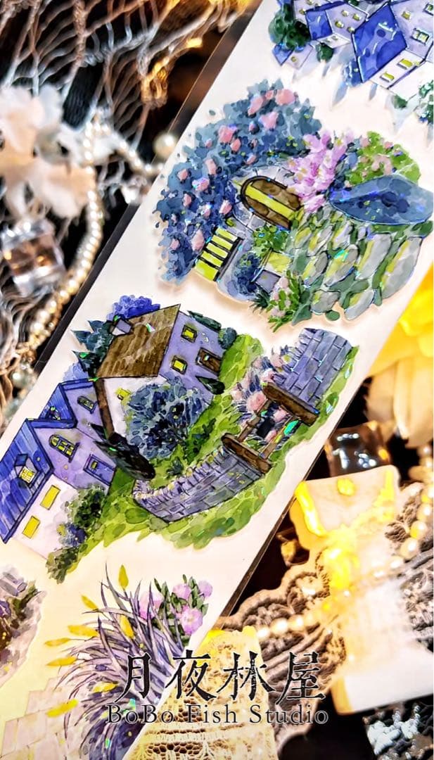 【9370】海外5m巻　貝殻光カッティングマスキングテープ夜景　小屋　装飾背景系