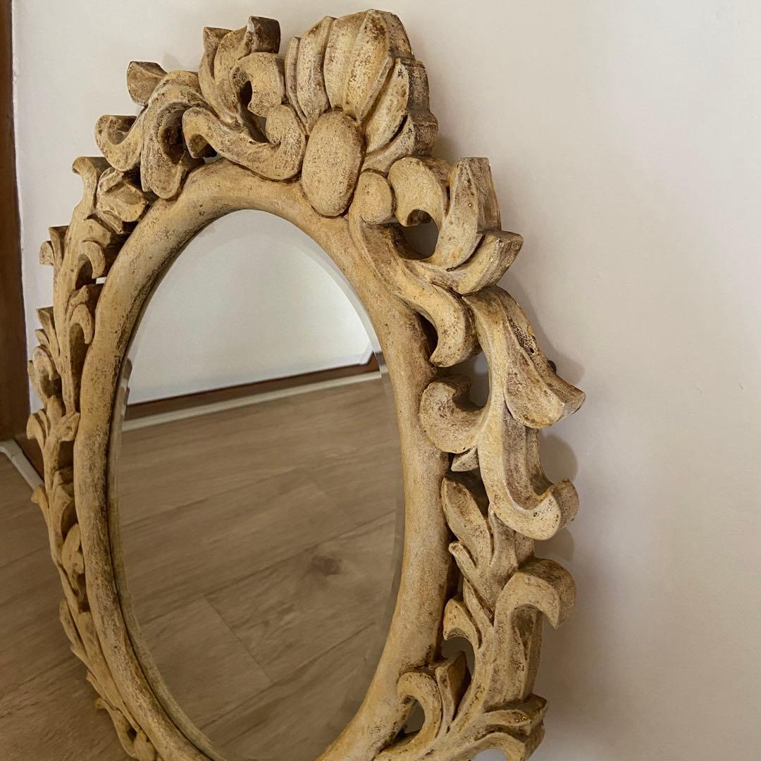 アンティーク　楕円形　壁掛け鏡　ミラー　彫刻