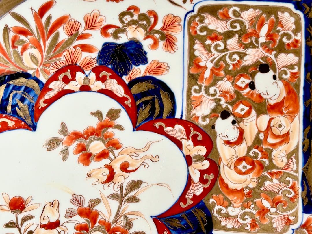 悲劇の精磁会社 染錦唐子鳳凰文大皿 明治伊万里 有田焼