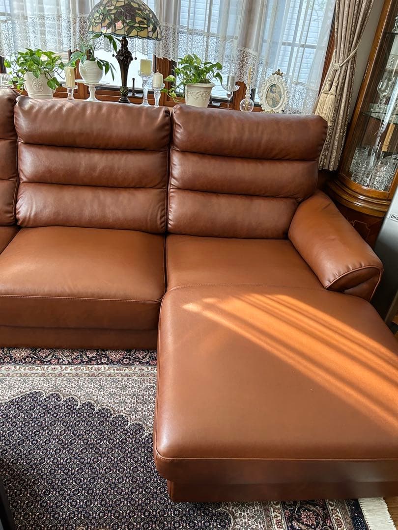 ブラウン L字型ソファ ４人掛け，PUレザー