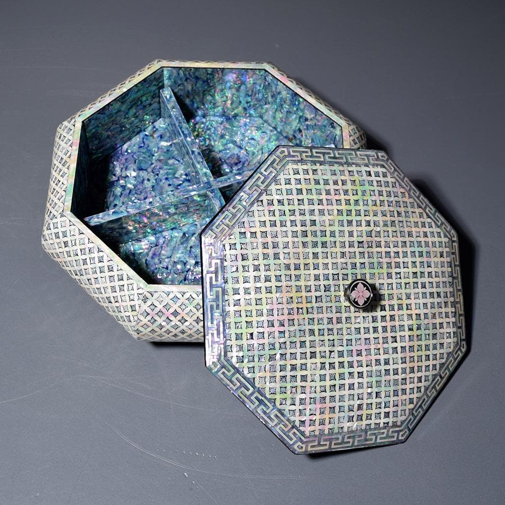 朝鮮美術 朴鎬仁 螺鈿細工 八角 蓋付 小箱 小物入 菓子鉢 螺鈿 骨董 古美術