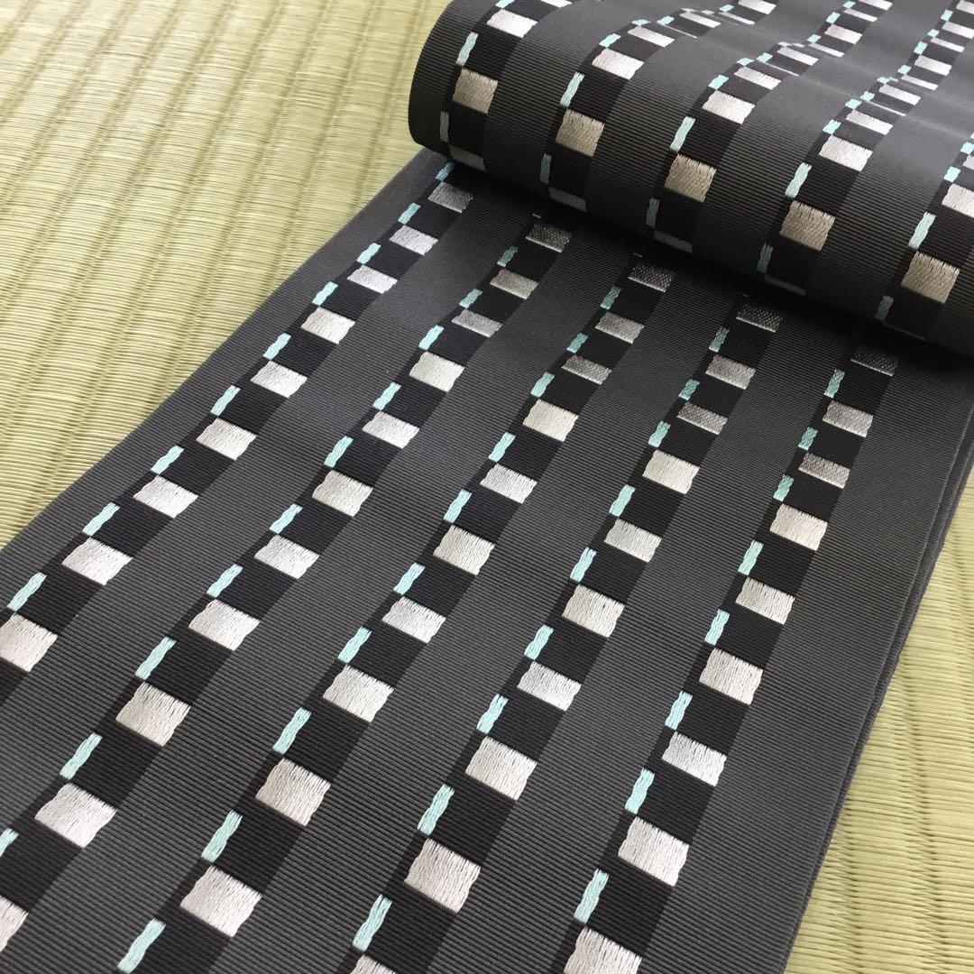 【半幅帯】博多織　本場筑前　正絹　両面小袋帯　⭐︎新品⭐︎ 黒 水色 格子模様