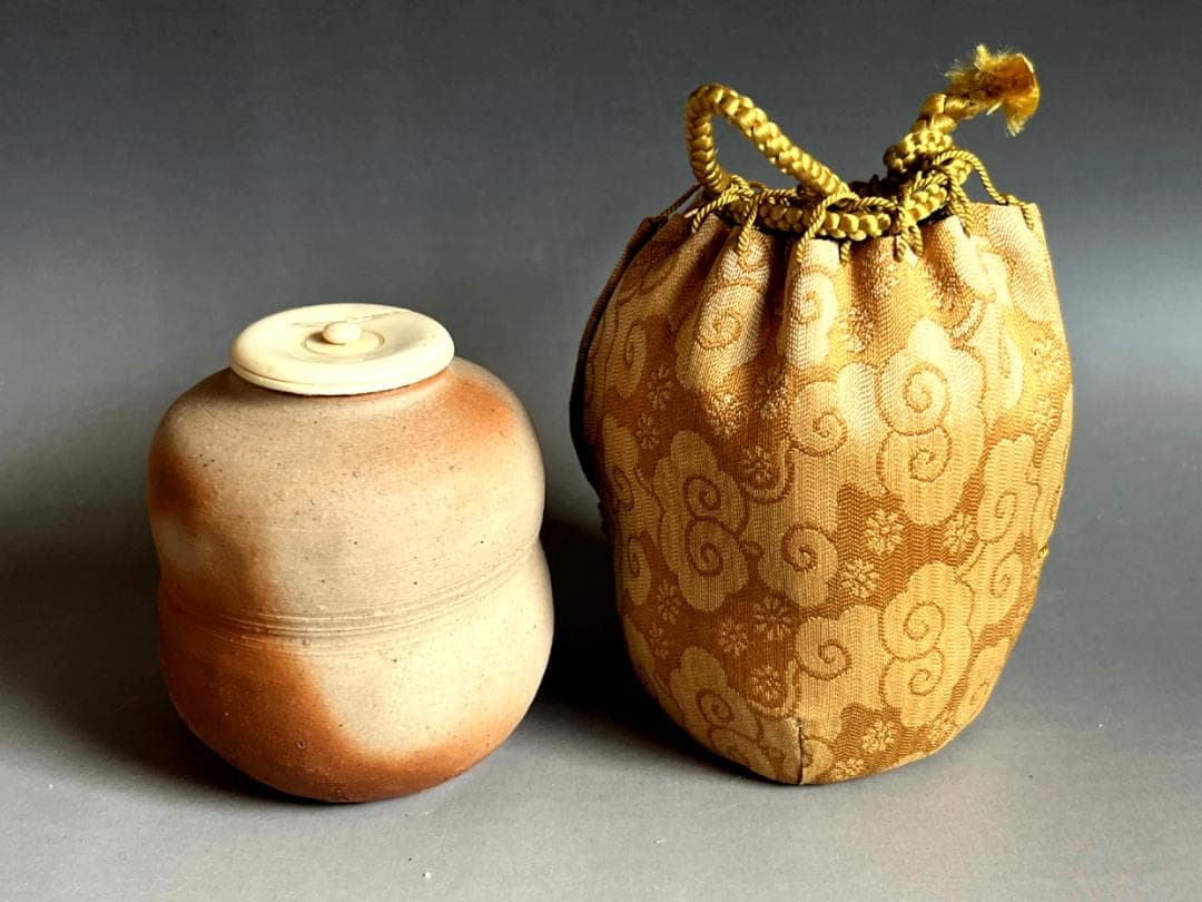 茶入れ■備前焼き 岸本昭彦 茶入布袋銅締め雲龍花文ドンス 共箱 時代物 骨董品■