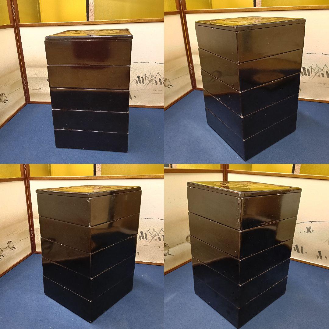 AOI 輪島塗 重箱 沈金 家紋 五七の桐紋 五段重 替蓋付 木箱入 木製漆塗