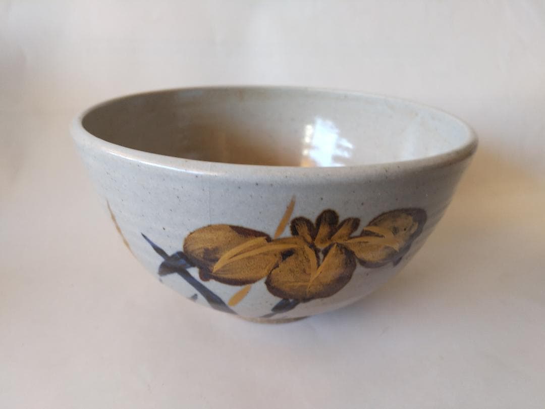 膳所焼 淡海ぜぜ 陽炎園 岩崎新定 金彩 菖蒲ノ絵 茶碗 共箱 共布 栞 美品