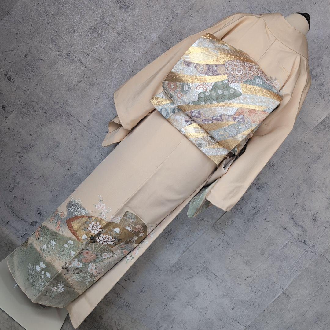 訪問着　フルセット　着物　正絹　金彩加工　鶴草花　金駒刺繍　寿　豪華　O8