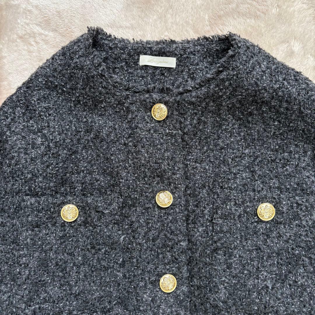 ラウンジドレス　ノーカラーツイードジャケット　金ボタン　グレー×ブラック