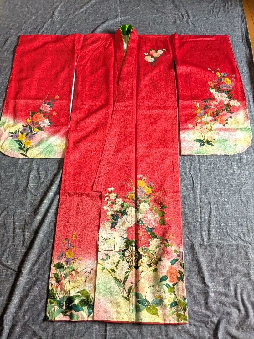 七五三　7歳　正絹　赤　着物　フルセット