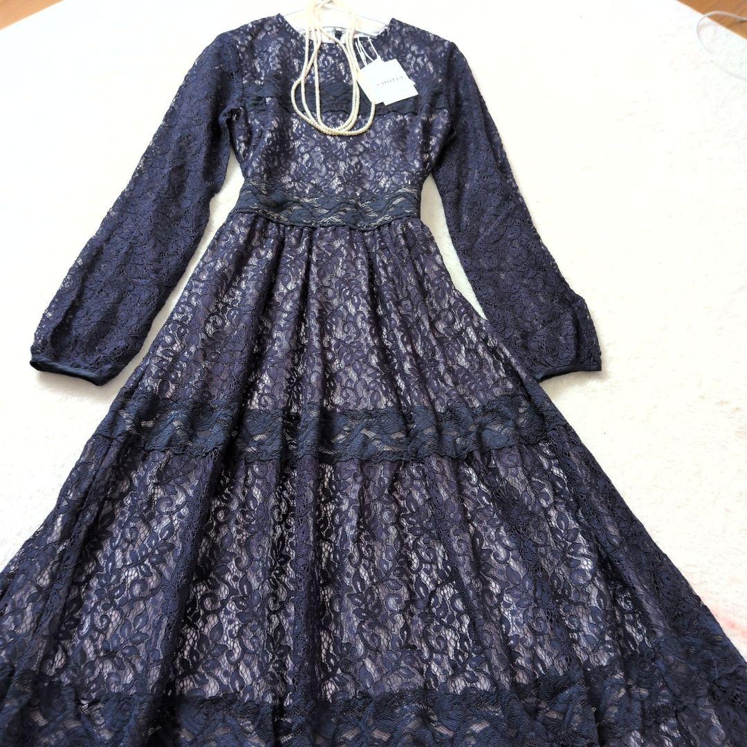 新品✩エミリアウィズ✩レース切り替えロングワンピース✩マキシ丈✩ネイビーＳ