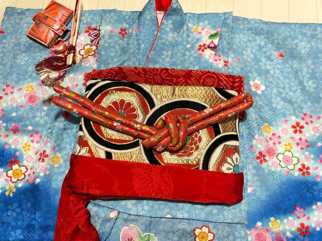 七五三　7歳　正絹　着物　フルセット　水色　桜　毱