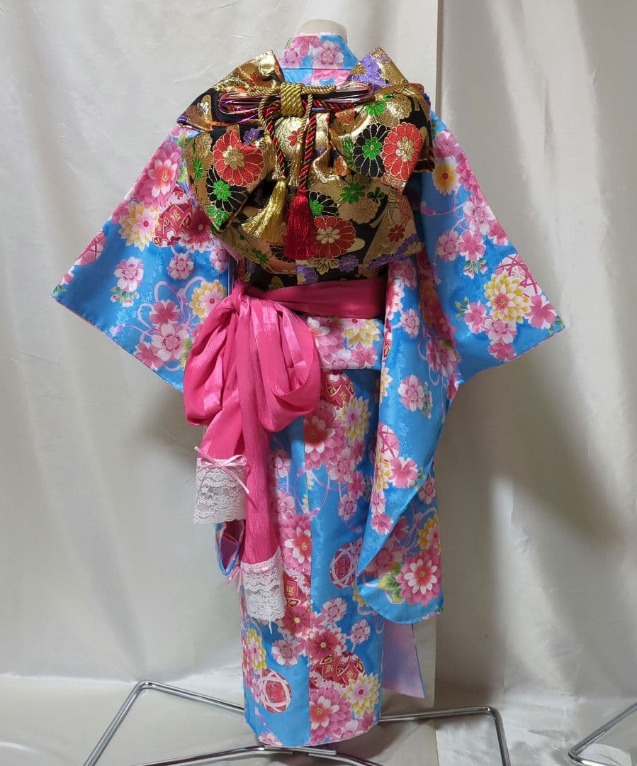 七五三　７歳　人気水色着物　おしゃれコーディネート一式　簪セット付き