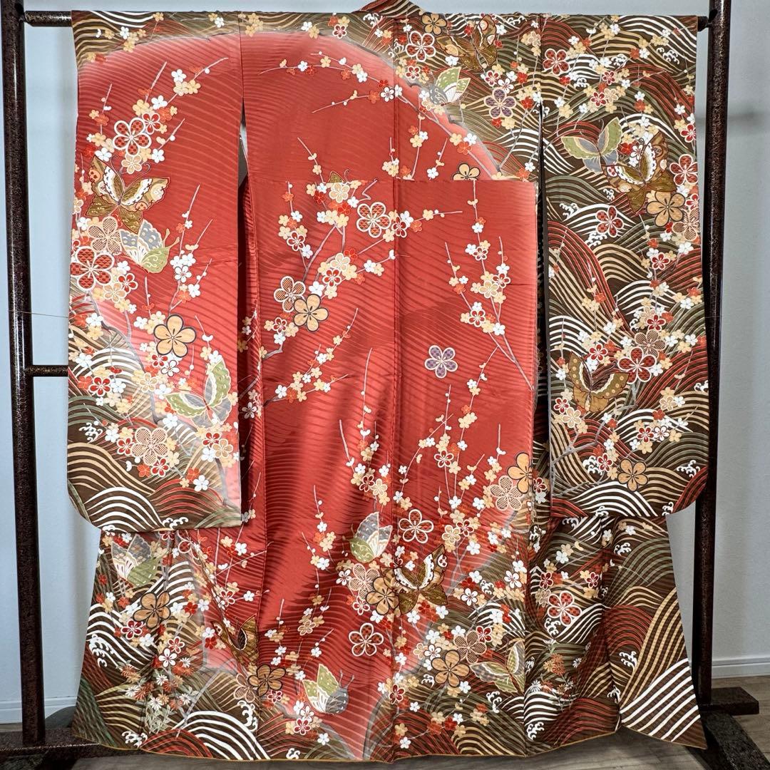 超美品　振袖　現代　振袖　成人式　着物　164裄66.5 茶色　ピンク　蝶々　梅