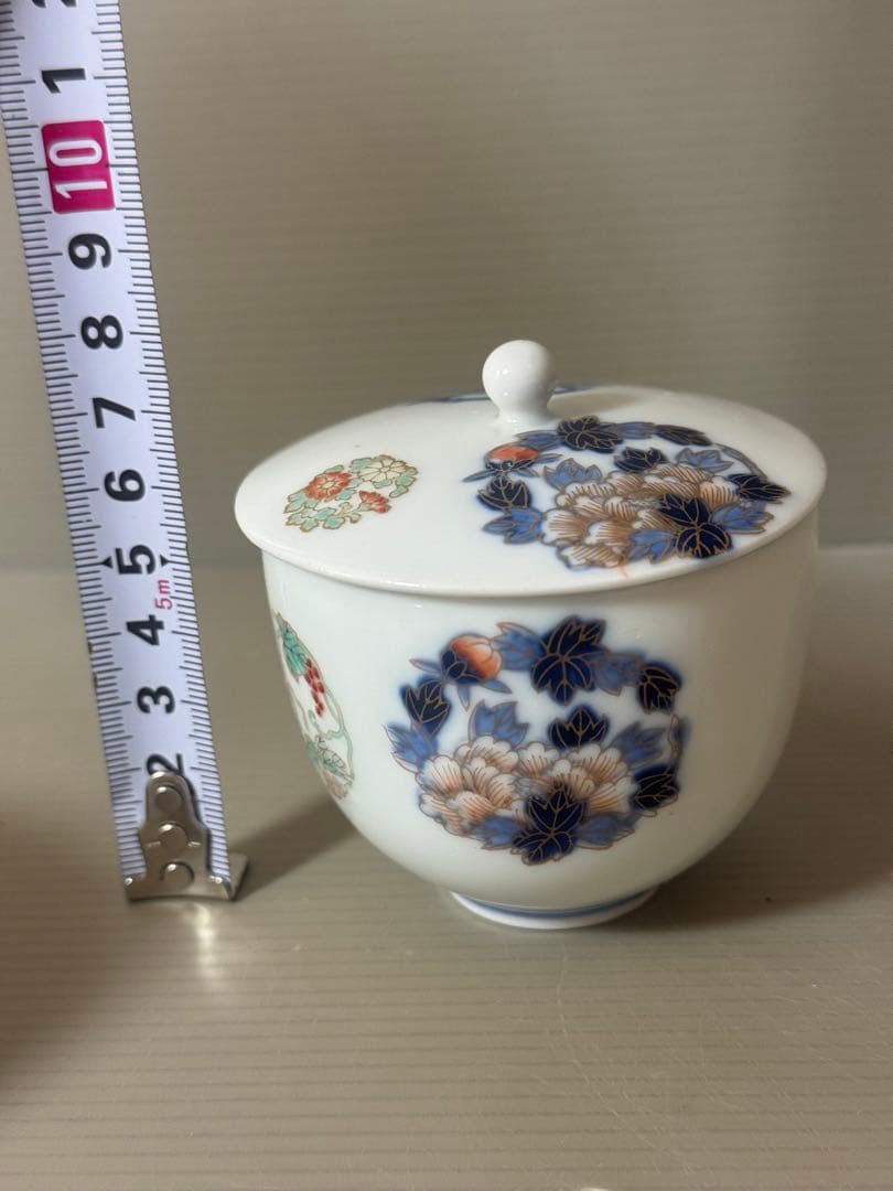 2394 深川製磁 染錦花丸文　湯呑蓋付　2客　時代物