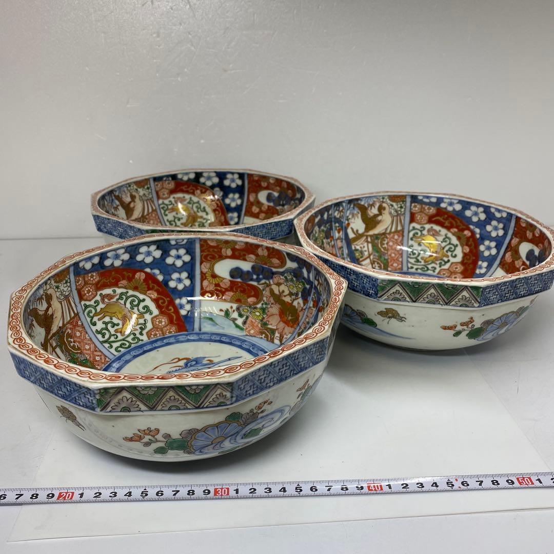 古伊万里　染錦　面取　鉢3点　麒麟図　タサコサ　東さ7-1124③