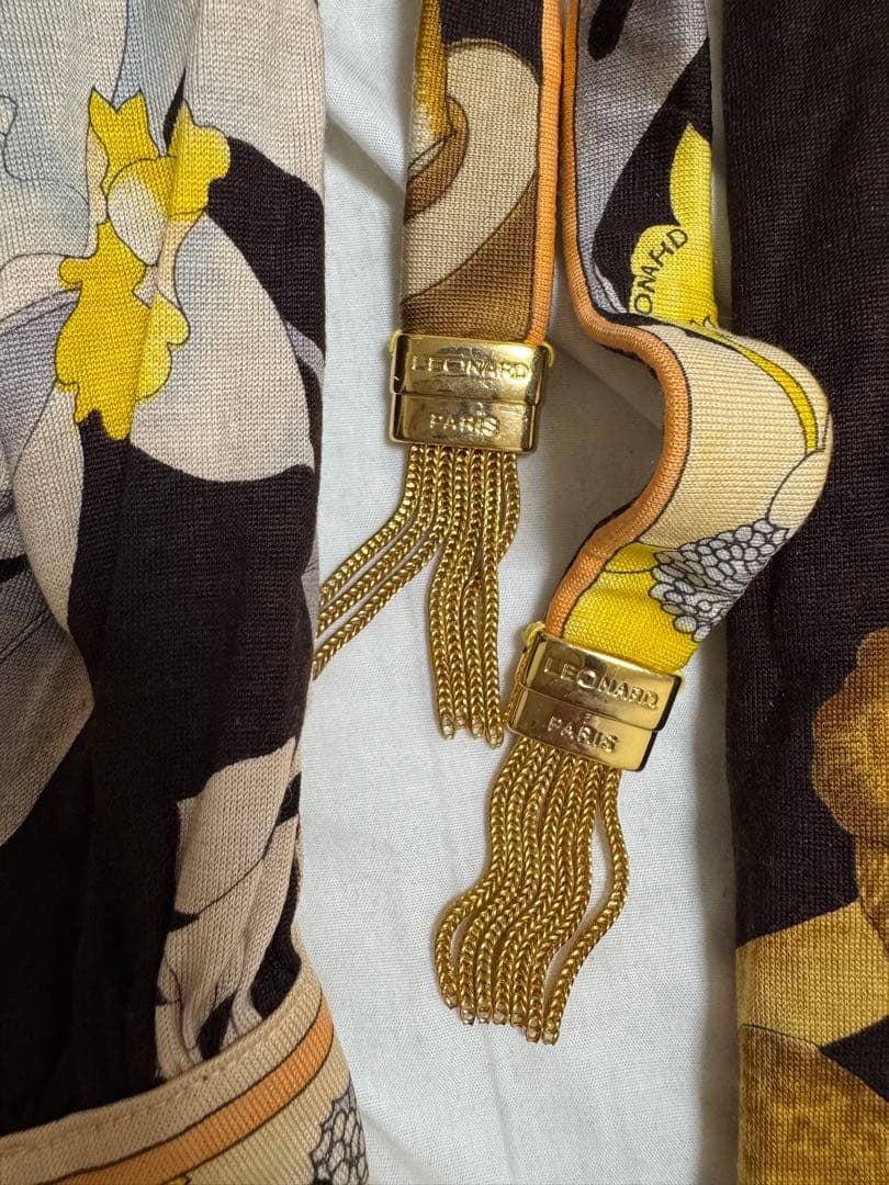 LEONARD 花柄長袖ワンピース 膝丈 茶 美品