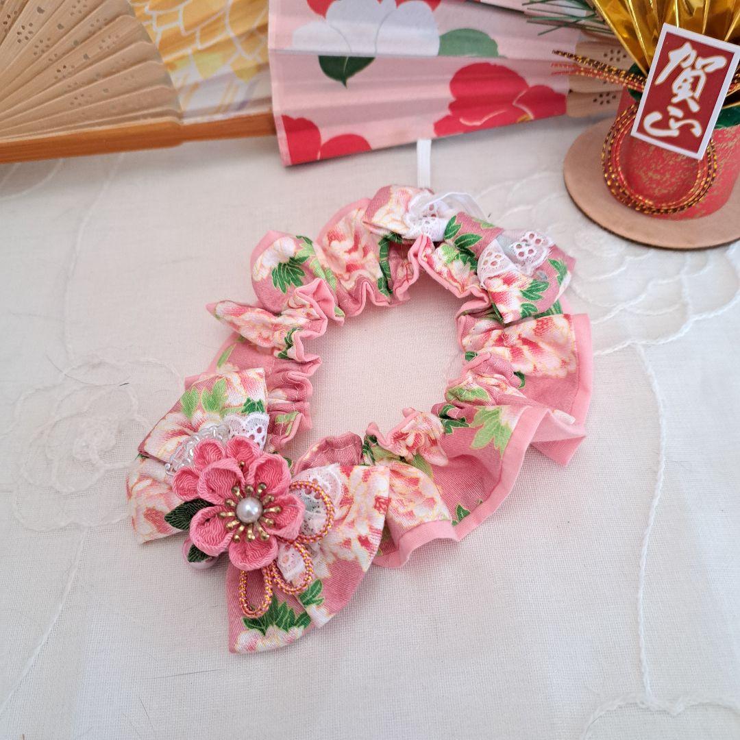 短毛シュシュ、和風妻み細工(ピンク①)わんちゃん猫ちゃん用