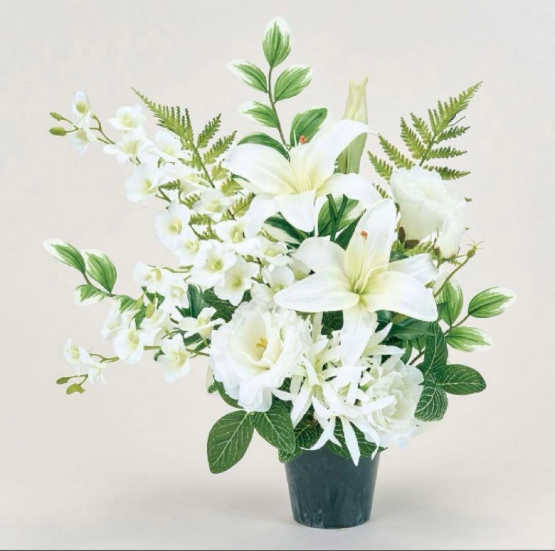 光触媒　人工観葉植物　フェイクグリーン　お供えカサブランカアレンジ左用