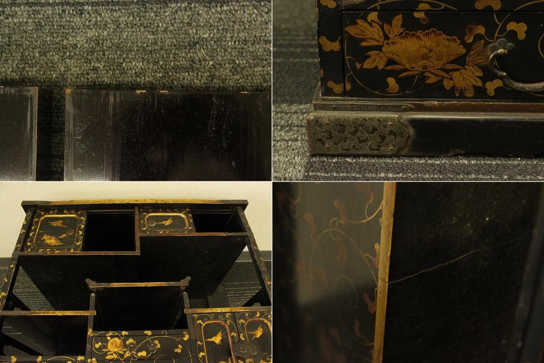 小夜 古美術 纏枝蓮花紋 吉祥蒔絵 棚 時代物 大名道具(AZ999)