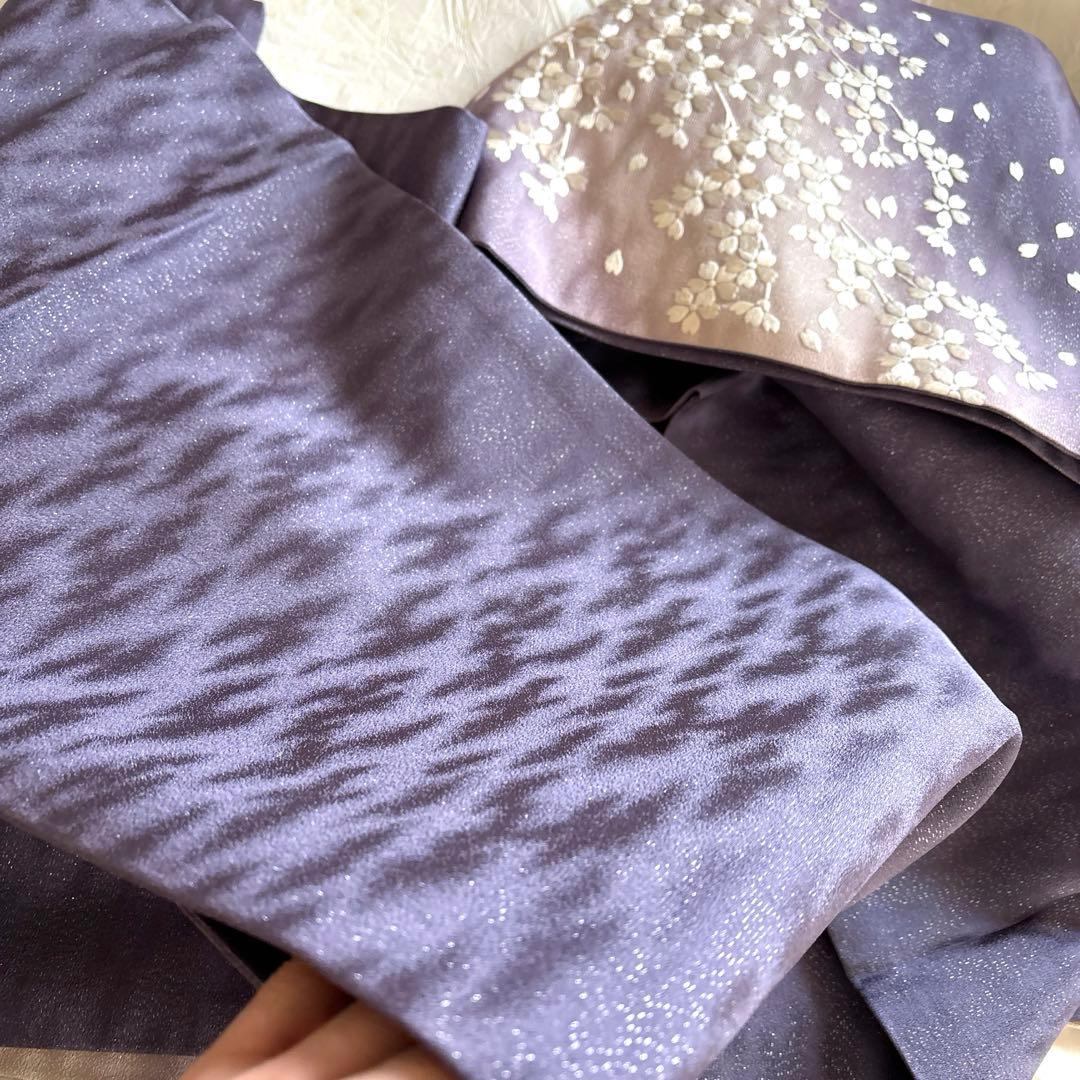 月兎奈緒様 薄古代紫　正絹袋帯　薄ピンクとオフホワイト満開桜刺繍　美品