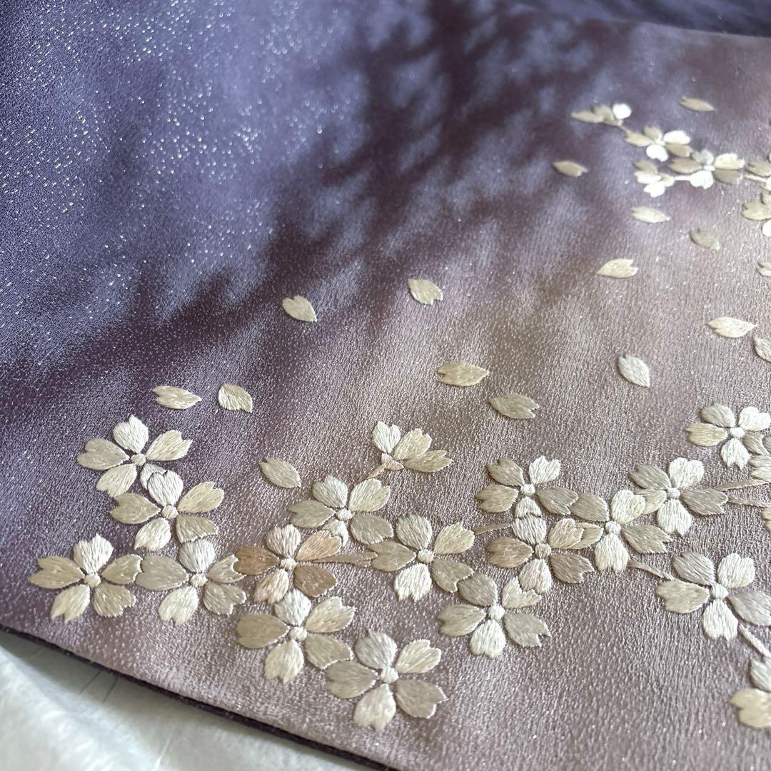 月兎奈緒様 薄古代紫　正絹袋帯　薄ピンクとオフホワイト満開桜刺繍　美品