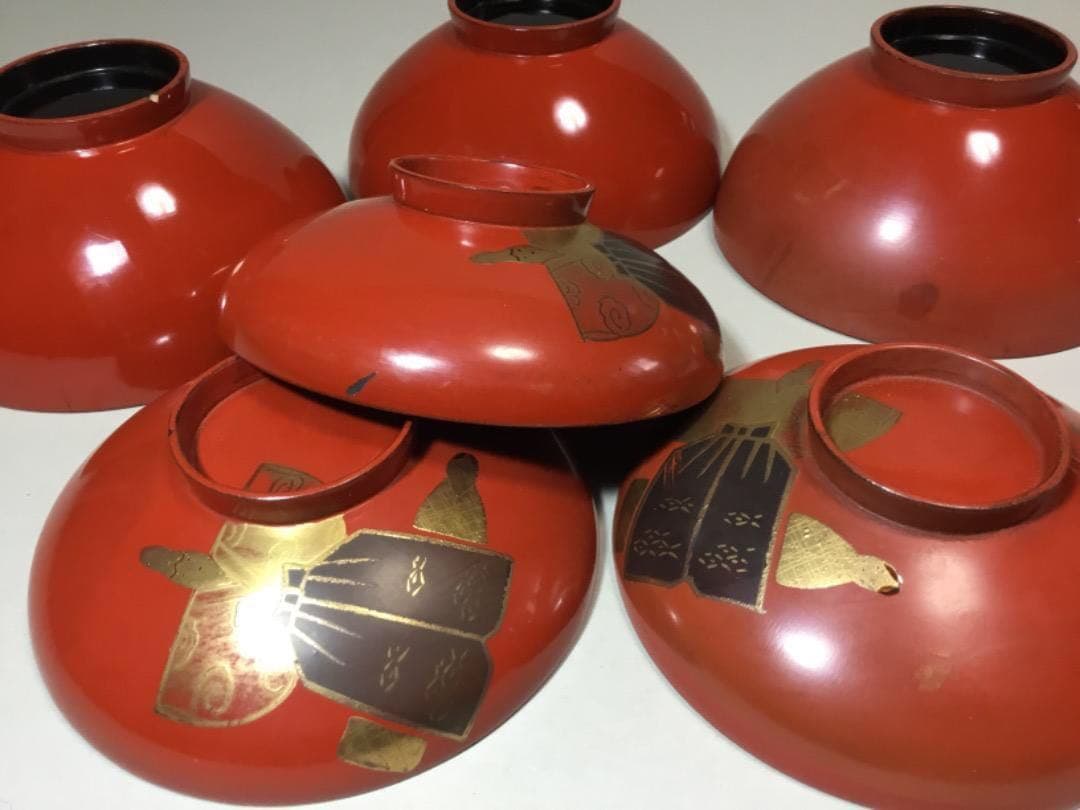 漆器◆雛人形文 / 吸い物椀３客◆傷みあり 雛コレクション 立ち雛 和食器