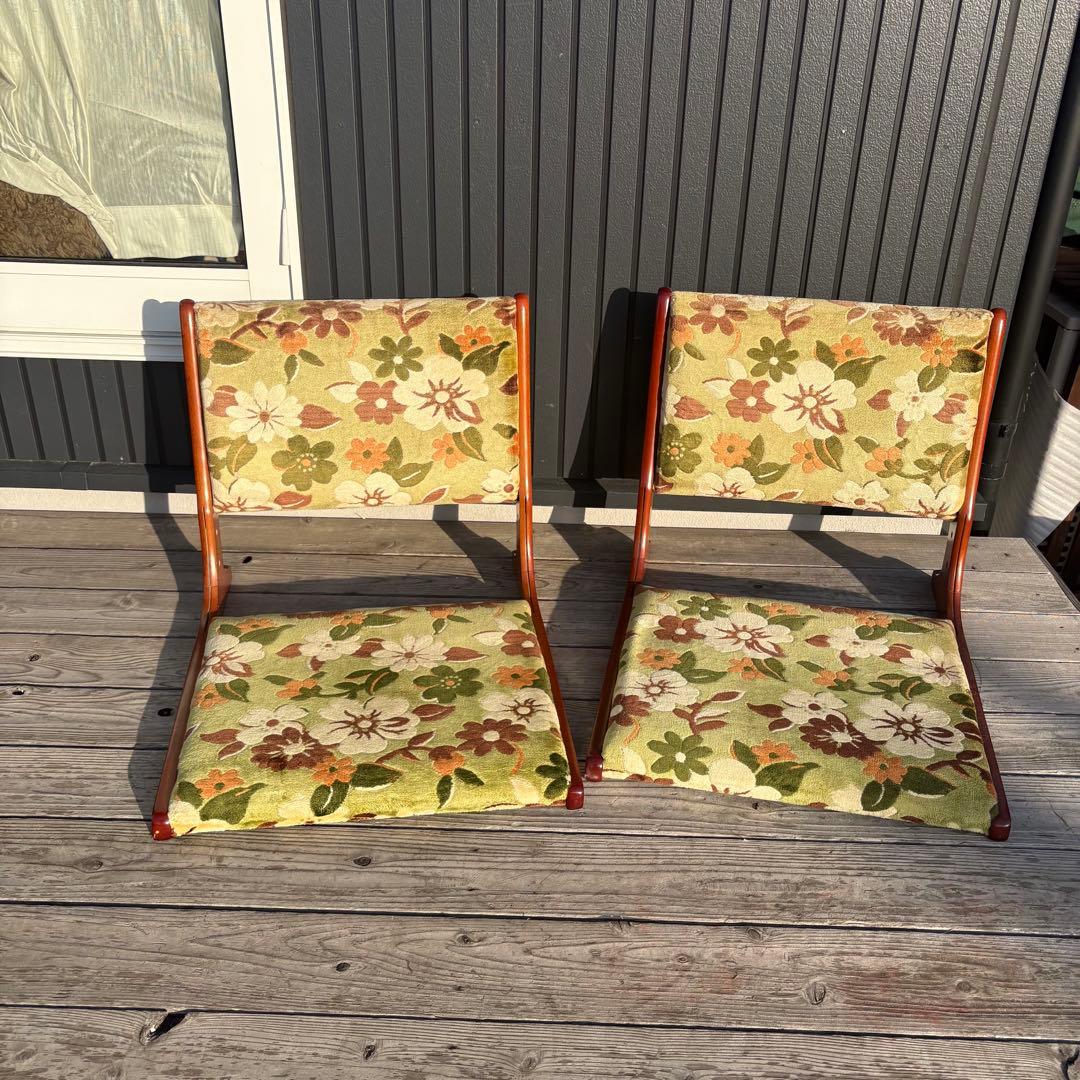 ①昭和レトロ ニチハン 花柄座椅子 2脚セット 花柄 和モダン 折りたたみ古家具