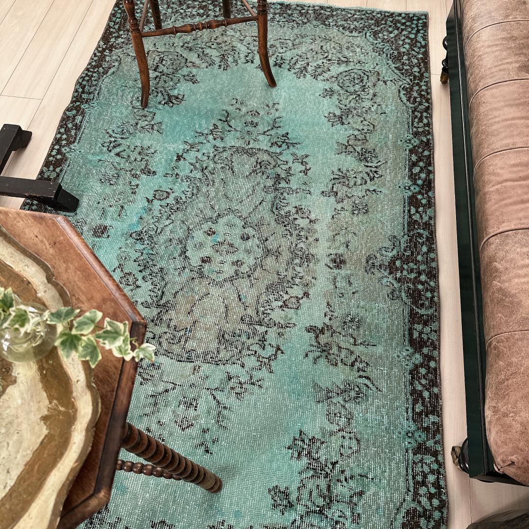 トルコ ヴィンテージラグ A105 定番柄 ターコイズブルー オーバーダイ