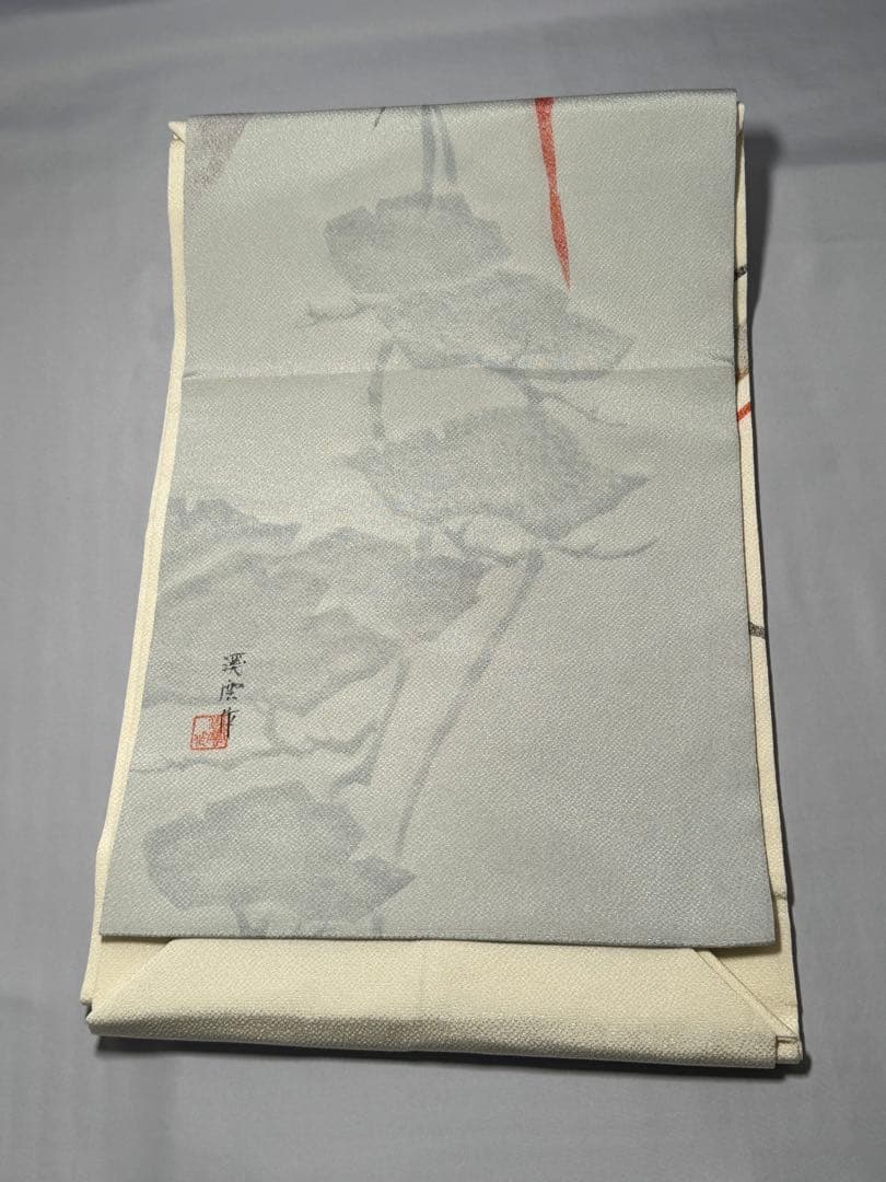 [極美品] 名古屋帯　正絹　縮緬　お太鼓柄　洒落帯　カジュアル　作家物　白　灰色