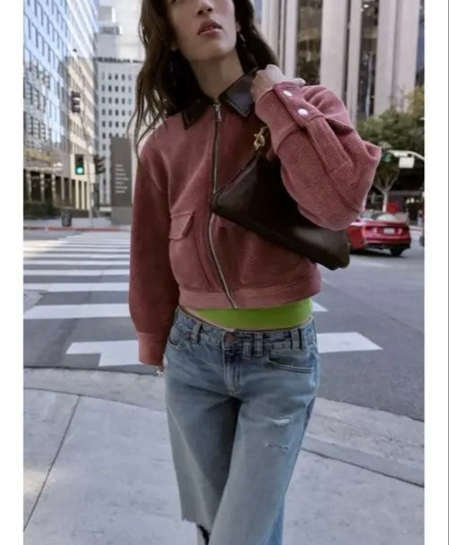 タグ付き新品★ZARAのコーデュロイフェイクレザー襟ジャケット★M★マルサラ色