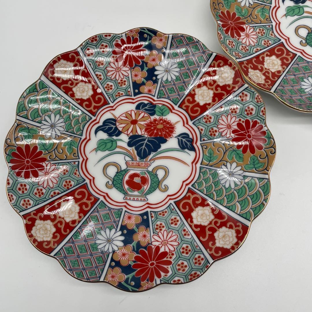 未使用 有田焼 陶扇菊割皿5枚セット 陶扇 田扇 菊割皿 錦絵 金彩 古伊万里