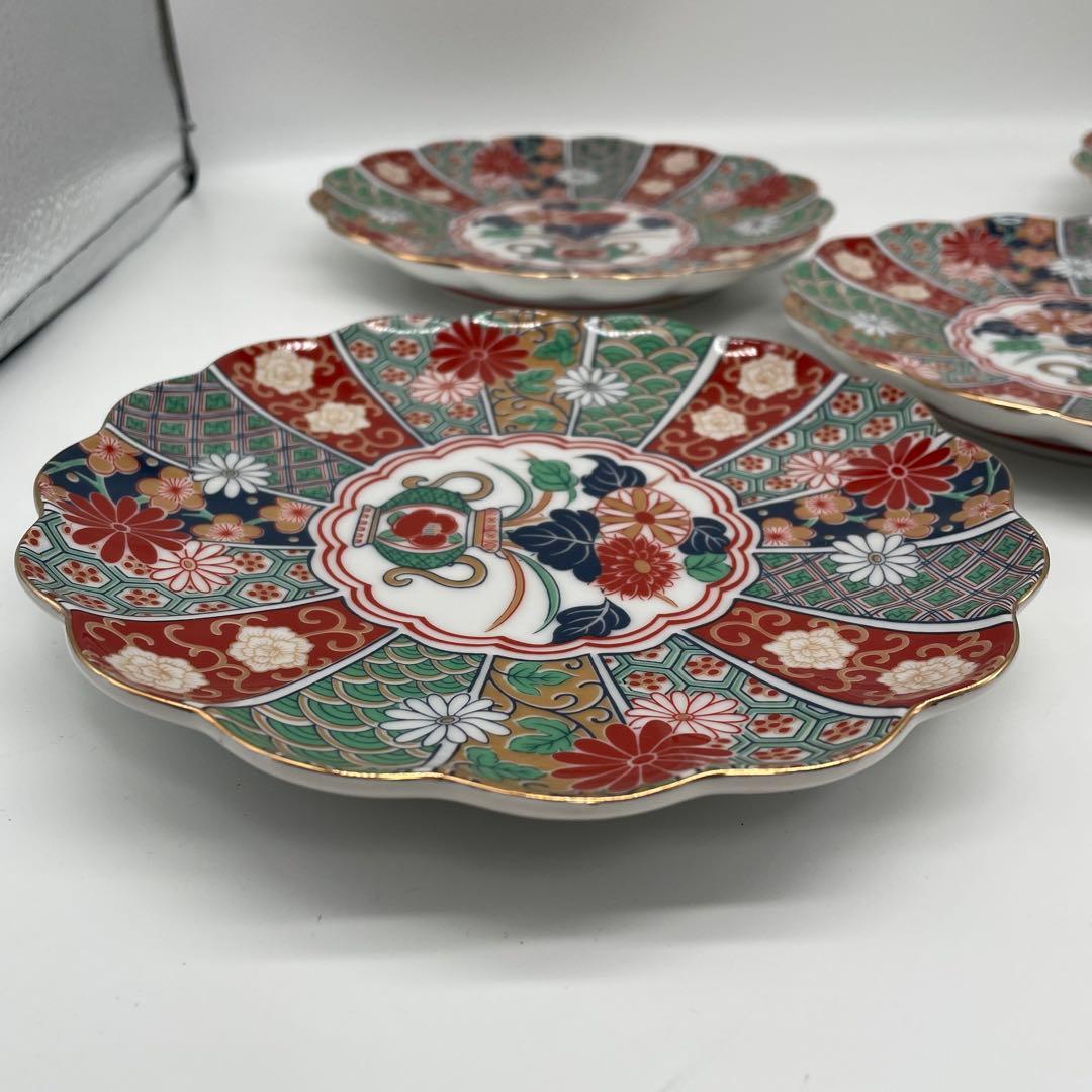 未使用 有田焼 陶扇菊割皿5枚セット 陶扇 田扇 菊割皿 錦絵 金彩 古伊万里