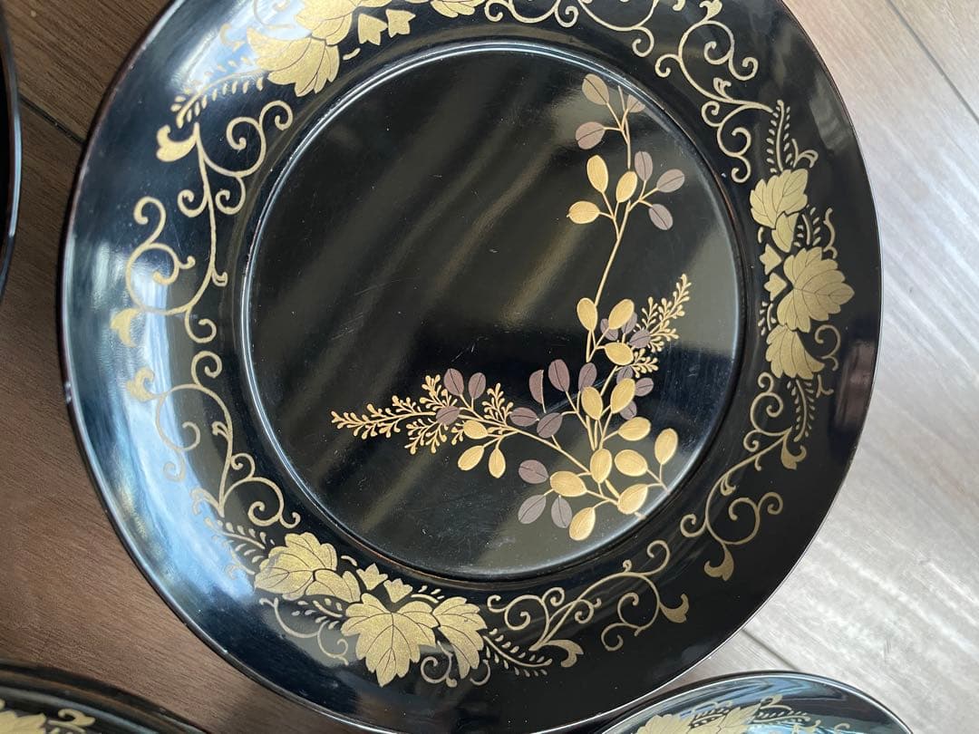 輪島塗　沈金　蒔絵　金蒔絵　菓子皿　茶道具　アンティーク　絵替わり　5客