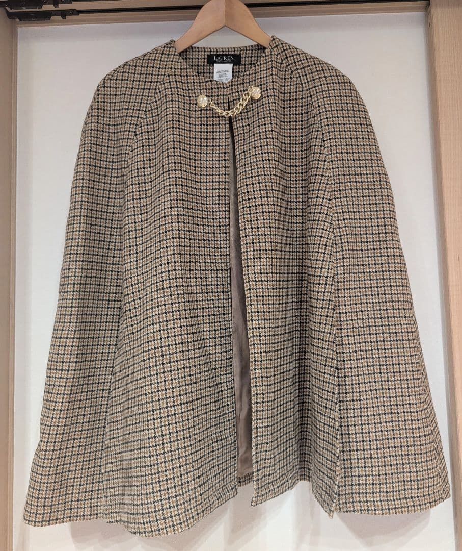 ローレンラルフローレン　ケープコート　ポンチョ　千鳥柄　グレンチェック　金ボタン