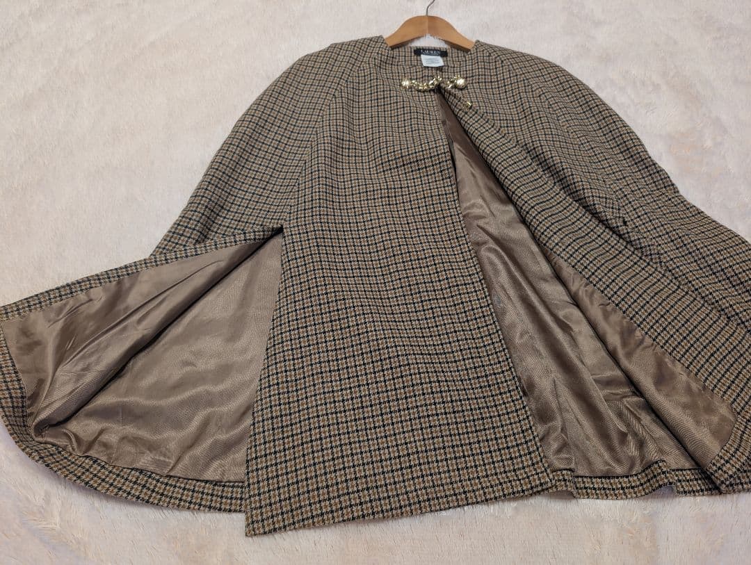 ローレンラルフローレン　ケープコート　ポンチョ　千鳥柄　グレンチェック　金ボタン