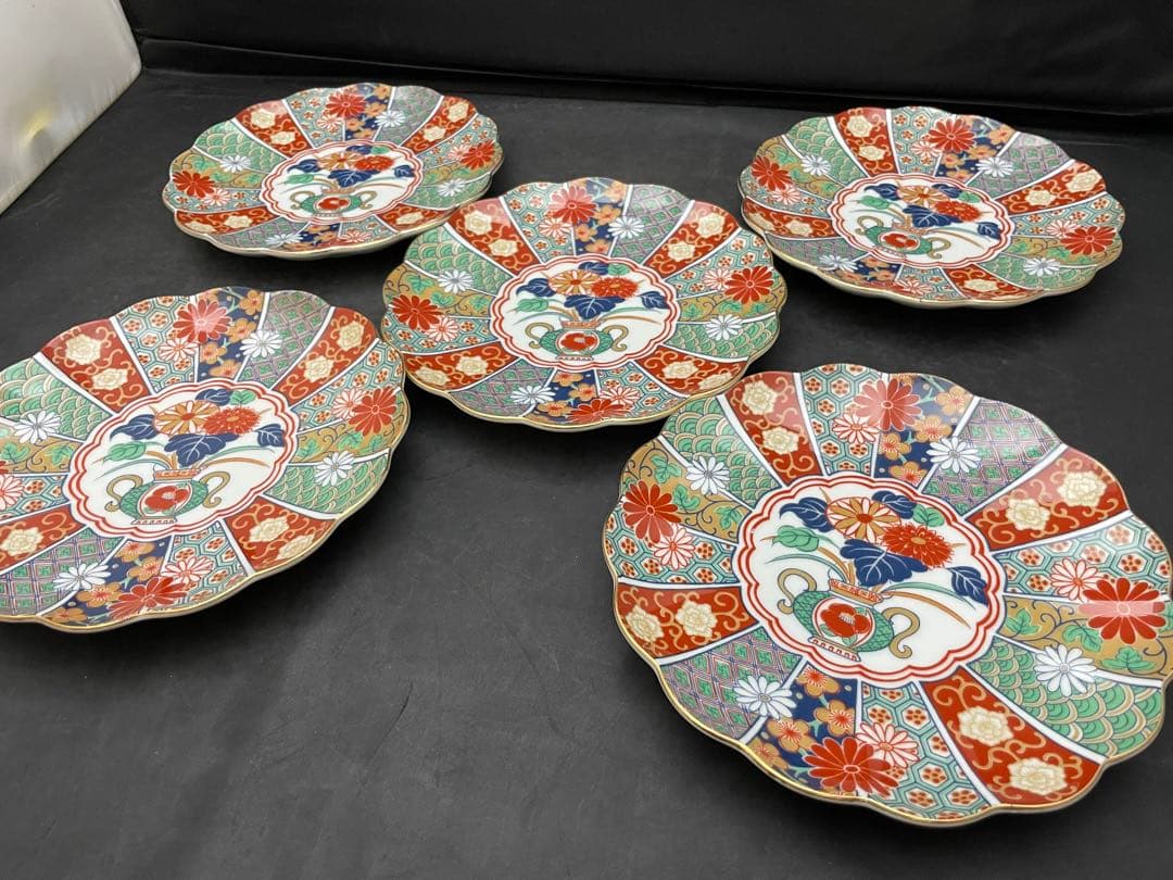 有田焼　陶扇　錦絵　金彩色絵　銘々皿　5枚　菊割皿