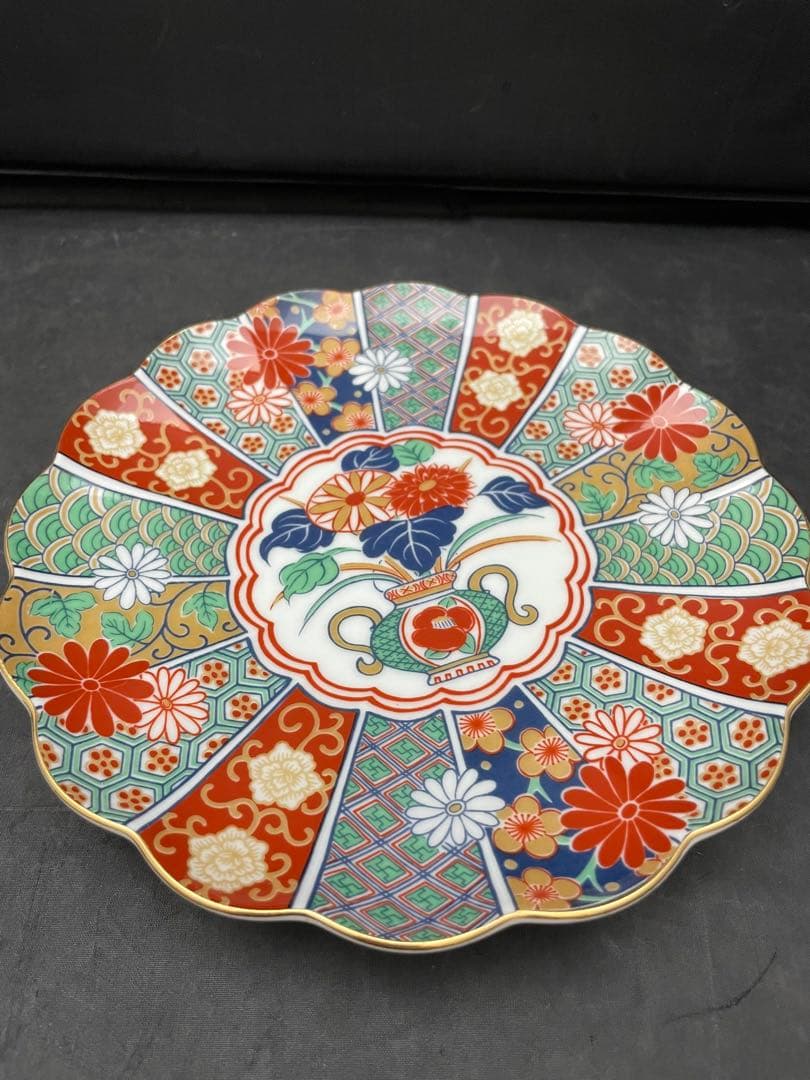 有田焼　陶扇　錦絵　金彩色絵　銘々皿　5枚　菊割皿