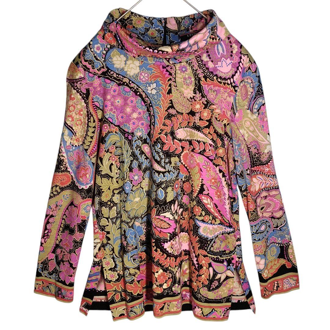 ☆ LEONARD シルク混 ハイネック フラワー&ペイズリー柄 長袖カットソー