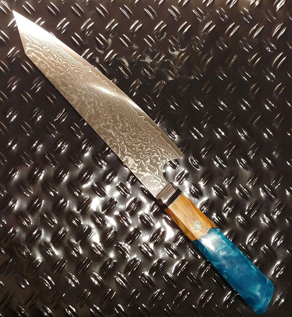 プレゼント付き!　V金10号　67層　ダマスカス包丁　ブルー柄　剣型　牛刀包丁