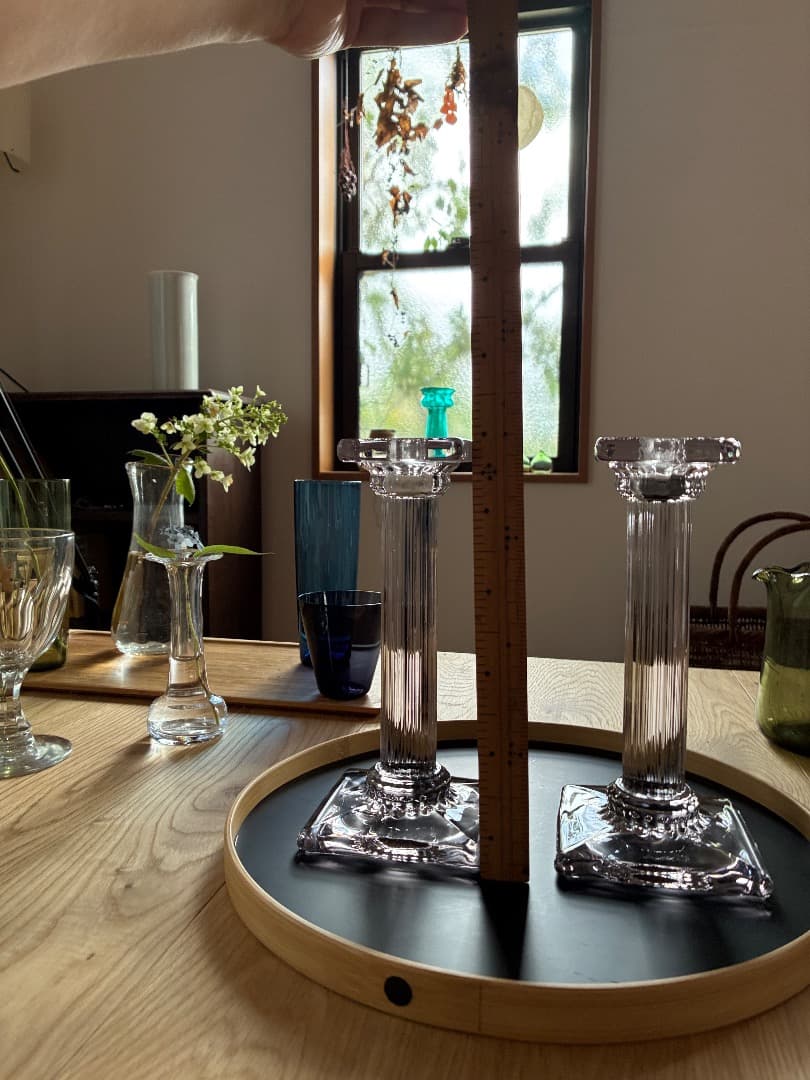 英国アンティーク　ガラス燭台ペア　キャンドルスタンド