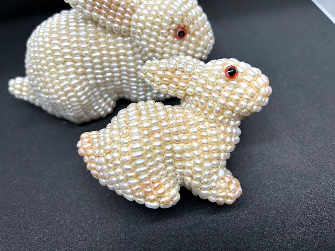 本淡水パール　ウサギの親子置物　ヴィンテージ　全身パールウサギ　縁起もの