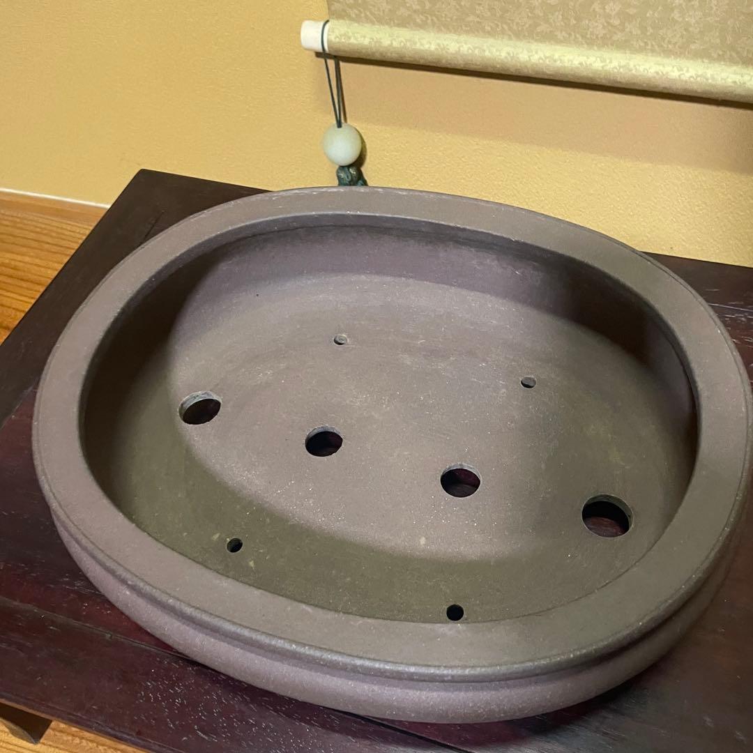 【落款あり】松泉焼 山秋造 楕円袋式雲足 紫泥 盆栽鉢 真柏 時代鉢