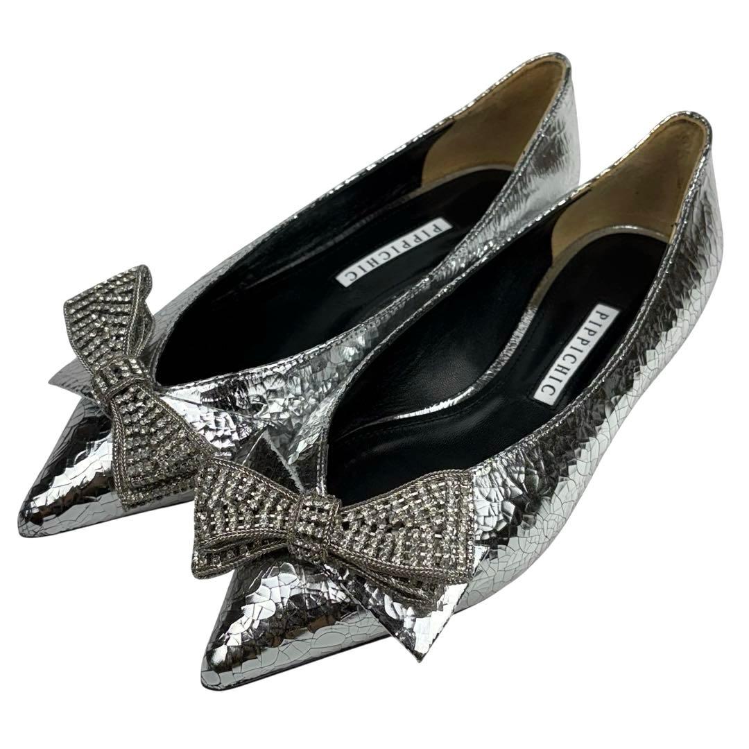 ✨新品同様✨ピッピシック　ビジュー　リボン　フラット　シルバー　24.5cm