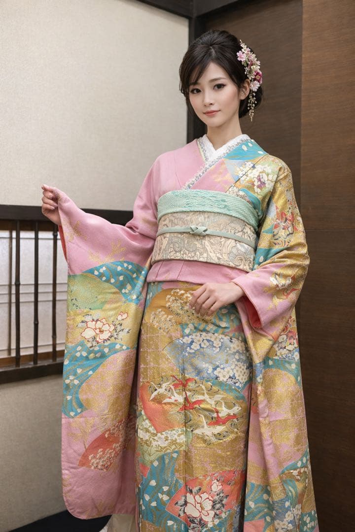 振袖フルセット6点サイズM〜Ｌ駒刺繍　地紙飛鶴花文　金彩　正絹